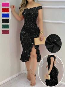 Off Shoulder Sexy Solid Color High Slit Elegant Ruffle Hem Glitter Party Dress, Spring/Summer