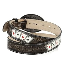Cinto Country Feminino Masculino Artesanal Em Couro Fivela Grande Redonda Detalhes Carta Baralho