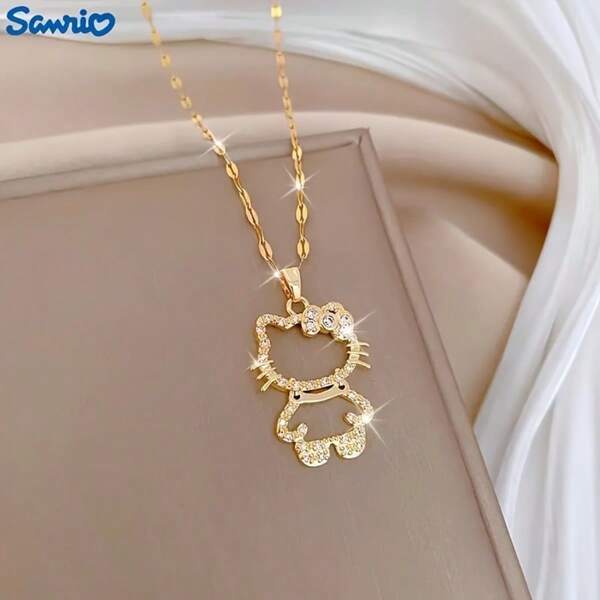Sanrio 1PC Sanleo Hello Kitty Cartoon Cute Hello Kitty Zirconia Pendant Necklace Hollow Collarbone Chain Fashion Jewelry Accessories Gold Light Luxury Design, Clothing All-Match Party Decoration, Show Elegant Beauty And High Sense, Suitable For Daily Dress Wear And Party Creative Gifts Kitty Cat Party Collection Storage Display, Birthday And Holiday Parties The Perfect Dress Accessories Gifts