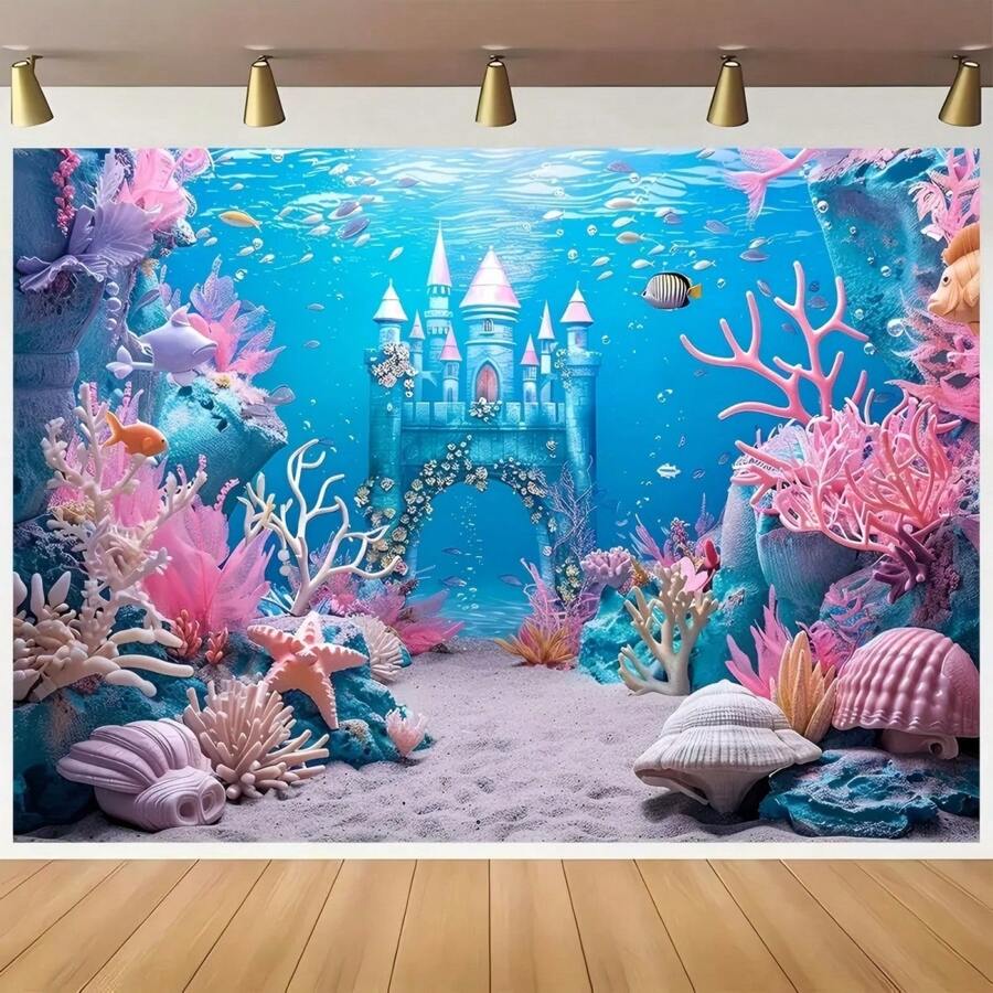 1pc Acetate Underwater World Background - Multipurpose Seabed Castle And Coral Reef Photography Prop Banner For Mermaid Theme, Birthday Party And Event Decor Backdrop, Spring/Summer, No Power Required, Tablecloth, Curtain