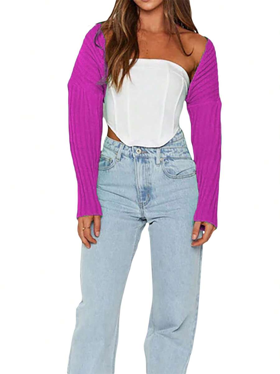 Women's Summer Open Front Cropped Cardigan Long Sleeve Solid Color Ribbed Knit Shrug Sweater Bolero Tops Streetwear - Hot Pink - View 1
