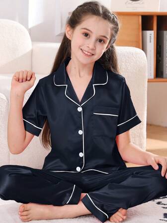 2pcs/Set Tween Girl Girls Sleepwear Short Sleeve Pants Set, Cute Solid Color Pajamas For Spring, Summer, Autumn