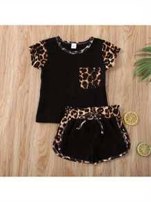 Conjunto de ropa con estampado de leopardo para bebé, camiseta de manga corta con cuello redondo y bolsillo para niña + pantalones cortos con cordón para verano. - Negro - Ver 6