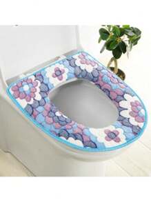Waterproof Universal Coral Fleece Toilet Mat With Petals Pattern, Toilet Seat Cover With Adhesive Strap, Home Toilet Cushion Bathroom Decor Summer