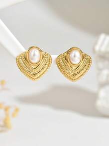 VceTd 1 Pair Elegant Oval Faux Pearl Asymmetrical Geometric Arc Textured Earrings, Low Allergy Jewelry With High-End Vibe, Suitable For Parties And Daily Wear - Yellow Gold - View 5