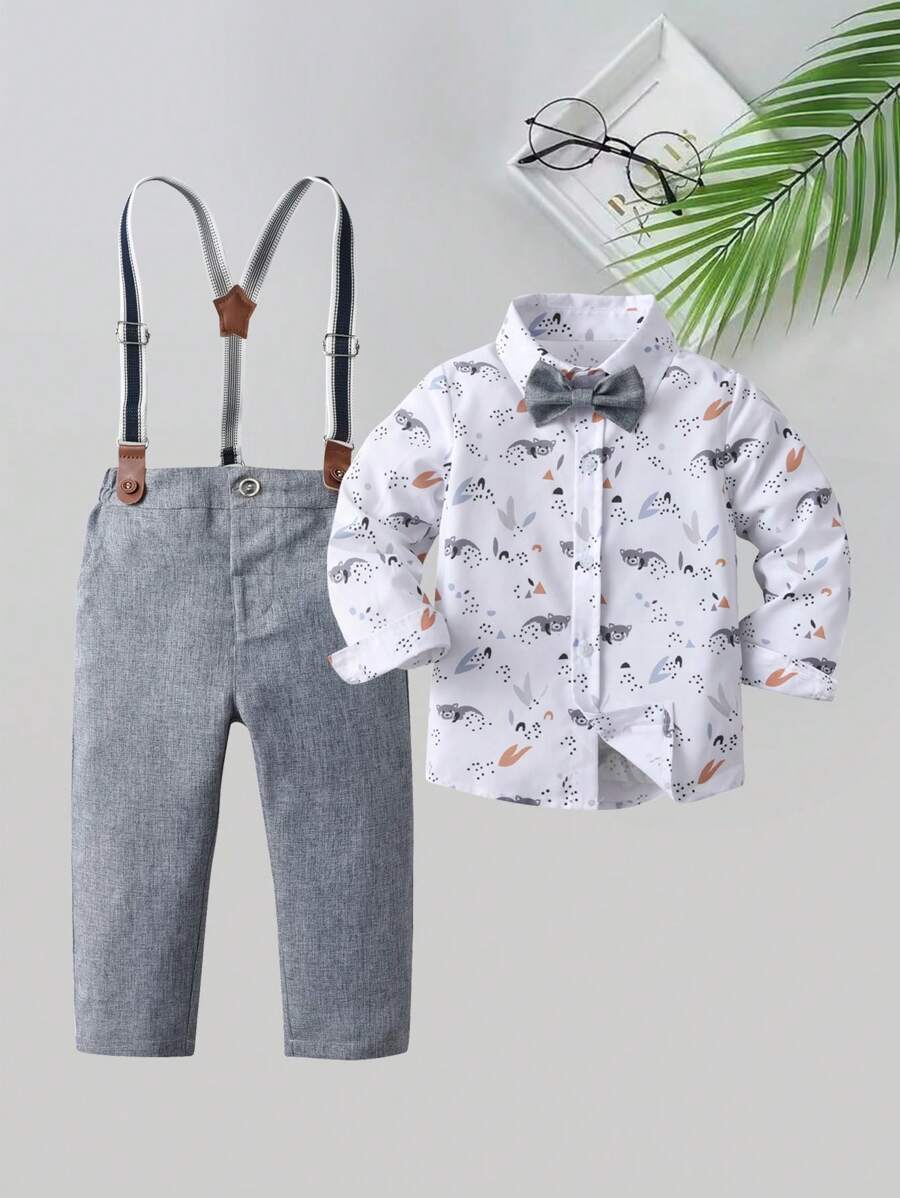 BOARNSEORL 2 件套年轻男孩绅士西装套装，长袖随机印花衬衫带蝴蝶结和吊带裤，时尚服装适合生日派对、婚礼、周年纪念、洗礼、1 岁生日 - 灰色 - 查看 1