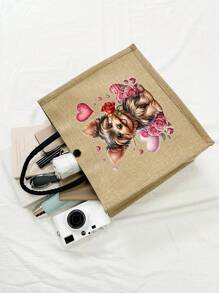 Bolso de mano con bolsa de maquillaje con estampado de perro de dibujos animados, bolso elegante y espacioso con estampado de Yorkshire Terrier, bolso grande con estampado lindo de cachorro - Bolsa reutilizable para la compra, con correa de hombro, perfecto para compras y regalos, bolso de playa de gran capacidad para mujeres