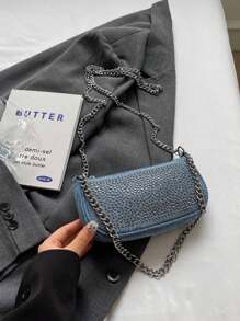 全新时尚百搭牛仔水钻装饰方形斜挎包带链条肩带女士日常通勤单肩包节日礼物 - 藍色 - 查看 8