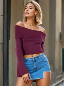 LeLayla - Maglione crop monocolore da donna realizzato in Italia. Maglione corto lavorato a maglia con spalle scoperte, super elastico con spalle aperte, carino e sexy, casual perfetto per outfit da lavoro, ufficio, college, università, scuola, cena, uscita notturna, appuntamento, San Valentino - rosso ruggine - Visualizzare 5