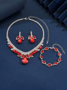 4pcs Set Crystal Water Drop Shaped Rhinestone Necklace, Bracelet & Earing Jewelry Set, European Style