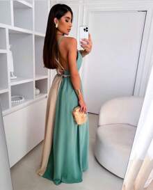 Vestido Lorena Bicolor Verão Verde e Nude