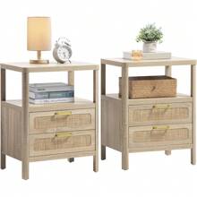 Rattan Nightstands Set Of 2 - Boho Night Stand Bedside Table With 2 Rattan Drawers, Open Storage Shelf, Farmhouse Wood Bed Side Table End Table For Bedroom Living Room, Natural