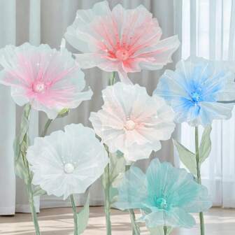 1 件 50 厘米大仿真花橱窗展示 3D 大型人造花悬挂纱布镂空假花婚礼、单身派对（不含支撑杆）