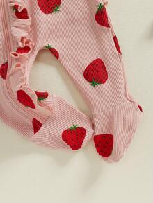Conjunto de mono con volantes y estampado de fresas para niñas pequeñas, de manga larga y bonita diadema - Rosa - Ver 7