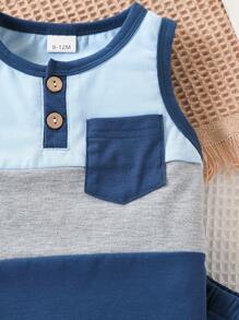 Toddler Boys Casual Summer Outfit, Sleeveless Color Block T-Shirt And Shorts Set