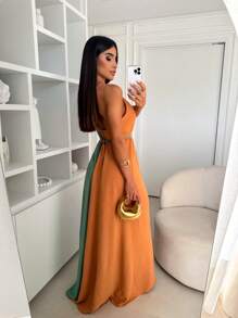 Vestido Lorena Bicolor Marrom e Verde Lançamento