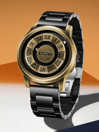 DOM 1pc Men's Vintage Style Bronze-Tone Dial Quartz Water-Resistant Wrist Watch, Unique Magnetic Levitation Technology, Leather Strap And Steel Band, Suitable For Holiday/Christmas Gifts