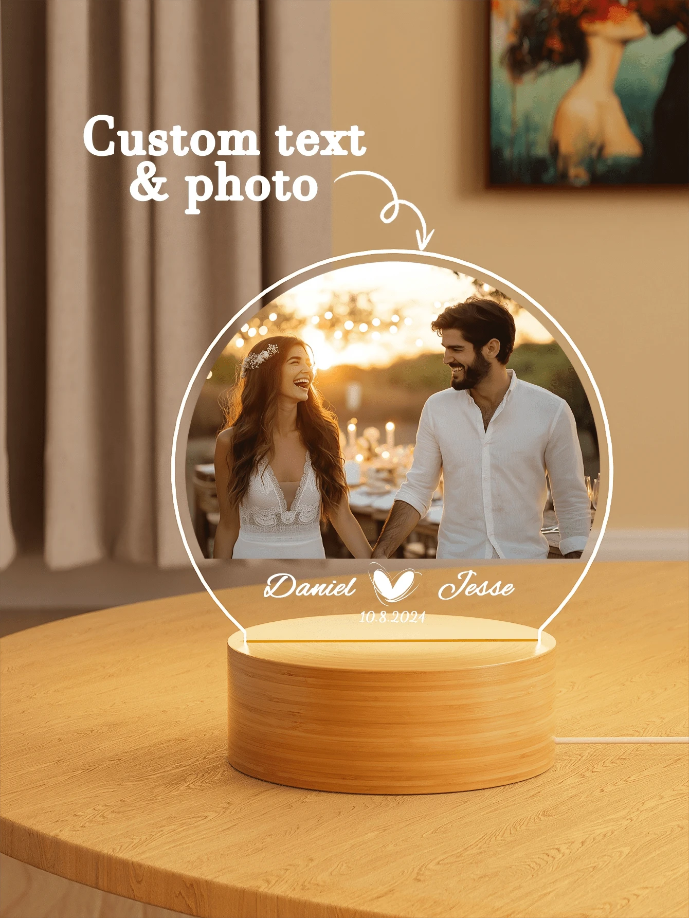 Bingkai Foto Akrilik Berbentuk Hati dengan Lampu Malam, Lampu Malam Foto Kustom untuk Hadiah Ulang Tahun Pernikahan Pasangan, Lampu Neon untuk Dekorasi Rumah dan Kamar, Lampu Hias - Catat nama bulat 5mm + tanggal - View 1