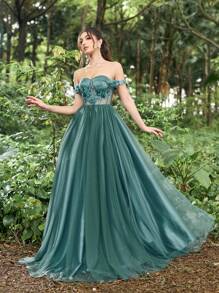 Faeriesty Vestido de noche de línea A con hombros descubiertos y aplicaciones florales intrincadas, vestidos formales elegantes para galas de alfombra roja, bodas de etiqueta negra