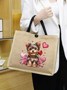 Bolso de mano con bolsa de maquillaje con estampado de perro de dibujos animados, bolso elegante y espacioso con estampado de Yorkshire Terrier, bolso grande con estampado lindo de cachorro - Bolsa reutilizable para la compra, con correa de hombro, perfecto para compras y regalos, bolso de playa de gran capacidad para mujeres