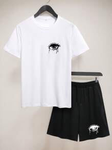 Conjunto deportivo casual para hombres, camiseta de manga corta cuello redondo con estampado de letras y pantalones cortos con elástico en la cintura y bolsillo, de tejido de punto