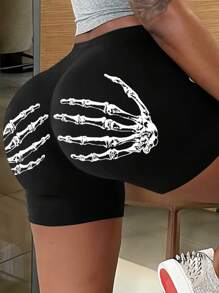 Shorts de mujer con estampado de mano de esqueleto - Negro - Ver 4