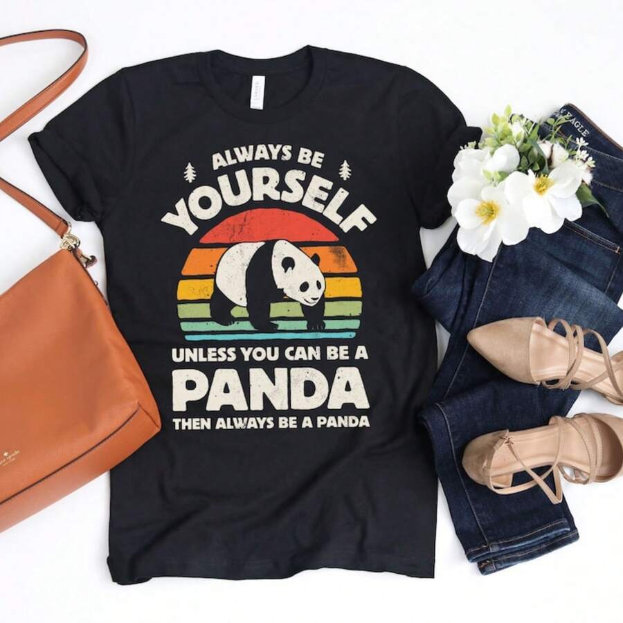 Always Be Yourself Panda Sunset T Shirt, Panda T Shirt, Panda Bear Gift, Gifts For Panda Lover, Panda Design T Shirts - 黑色 - 查看 1