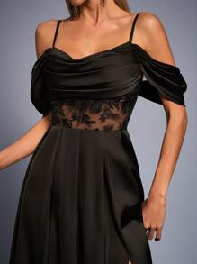 Mgiacy 露肩带 V 领褶饰亮片透视缎面连衣裙，侧开衩，伴娘礼服 - 黑色 - 查看 3