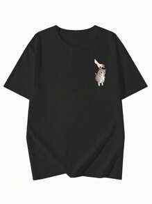 女士休闲可爱猫咪印花宽松圆领短袖T恤，春夏款，黑色 - 黑色 - 查看 5