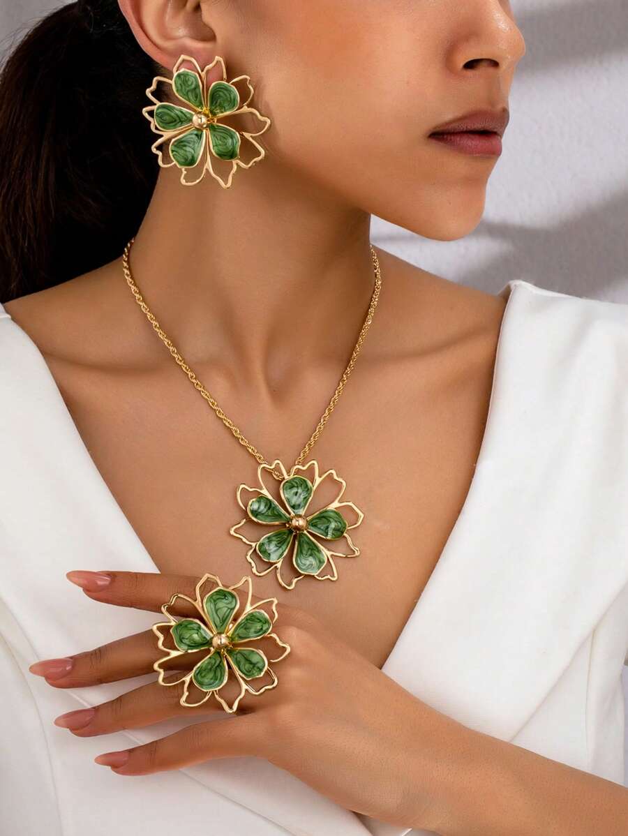 时尚优雅的波西米亚风金属珐琅镂空花朵首饰套装、项链、耳环、戒指，适合日常和节日佩戴，随机花朵设计 - 紫色 - 查看 1