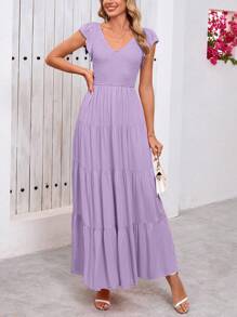 Women's Summer Flowy Long Dress Casual Covered Sleeve V-Neck Pleated Beach Sundress - Tím xám - Xem 5