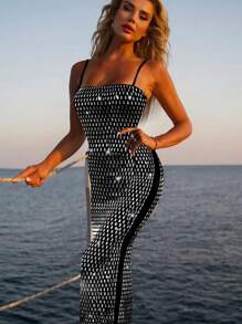 Shiny Rhinestone Embellished Spaghetti Strap Dress, Fashionable Celebrity Party Evening Gown, Wedding Guest Dress, Formal Dress - Black - View 2