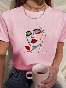 Camiseta Feminina Babylook T shirt face rosto mulher colorida obra de arte 100% Algodão Várias Cores - Rosa Bebê - Visão 1