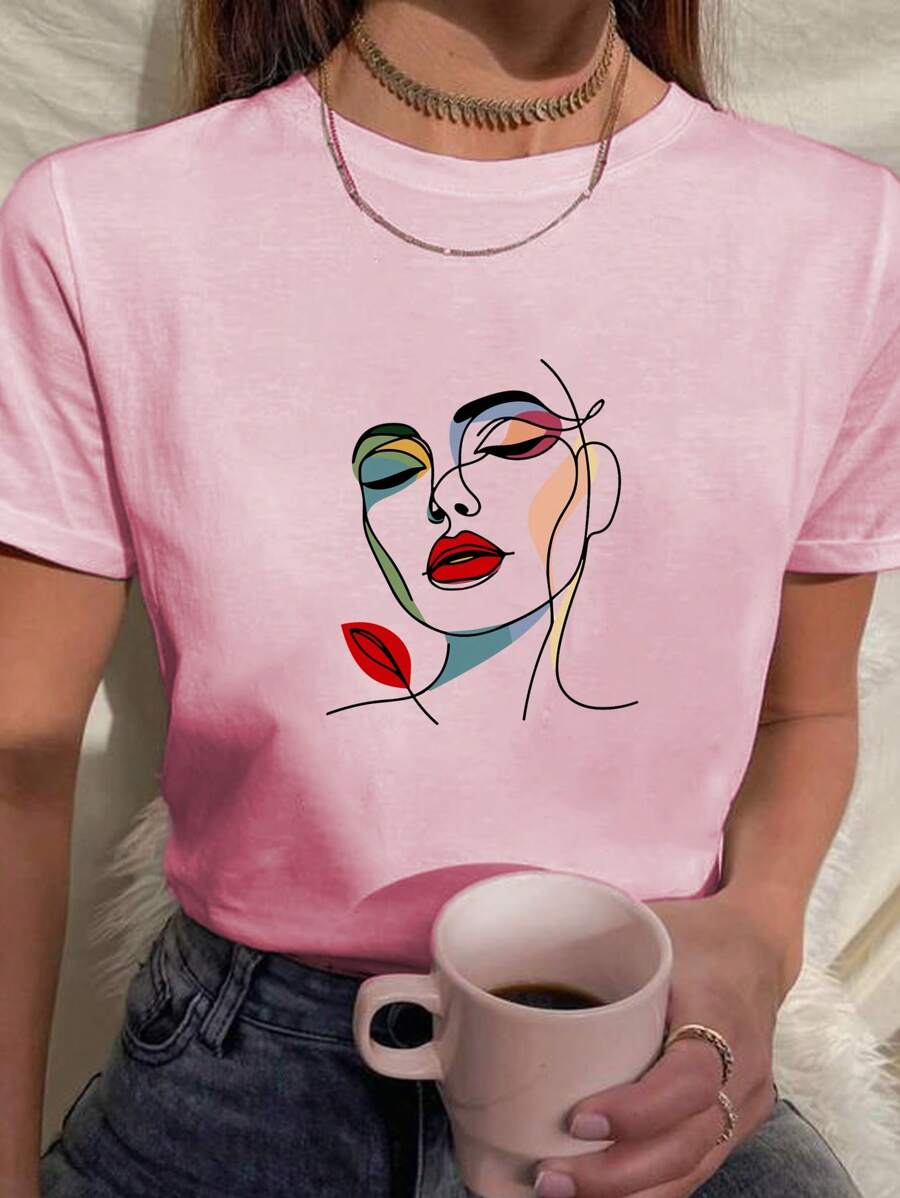 Camiseta Feminina Babylook T shirt face rosto mulher colorida obra de arte 100% Algodão Várias Cores - Rosa Bebê - Visão 1