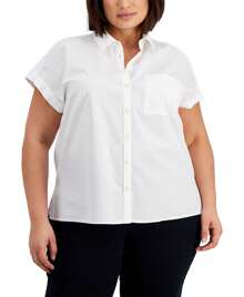 Style & Co Plus Size Cotton Camp Shirt - Bright White - View 2
