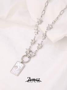 1 Stück modische Edelstahl quadratische Stern Mond Charm-Halskette für Frauen, geometrische Kette Halskette für Frauen Schmuck, bestes Freundinnen Geschenk
