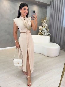 Long Dress With Button In Front Summer Dress Party Wedding Guest Long Dress - Beige - View 2