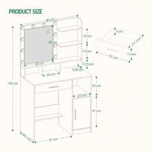 Hzuaneri Dressing Table With Mirror And 10 LED Lights, Makeup Vanity With 3 Shelves & 4 Open Compartments, Large Drawer & Cabinet, Adjustable Lighting Brightness
