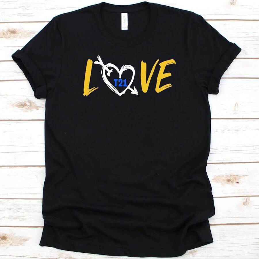 Love T21 Shirt,  Awareness, Gift For Trisomy 21 Warriors, Do-Wn's Syndrome, Down's Port Shirt, T21 Graphic, Heart Design - Black - View 1