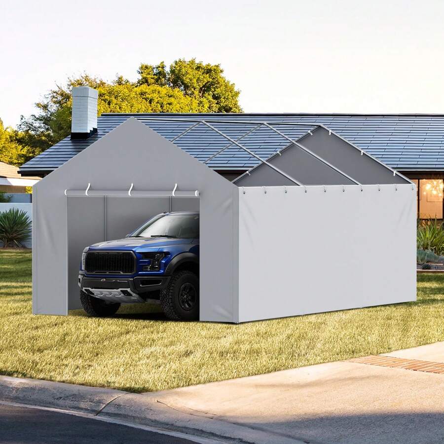 Carport Replacement Canopy Cover Top + Side Wall, Garage Top Tent Shelter Tarp Heavy-Duty Waterproof & UV Protected, Easy Installation With Ball Bungees (Frame Not Include) - Side Wall, 12x20ft, Grey - View 1