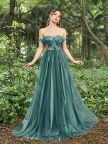 Faeriesty Vestido de noche de línea A con hombros descubiertos y aplicaciones florales intrincadas, vestidos formales elegantes para galas de alfombra roja, bodas de etiqueta negra