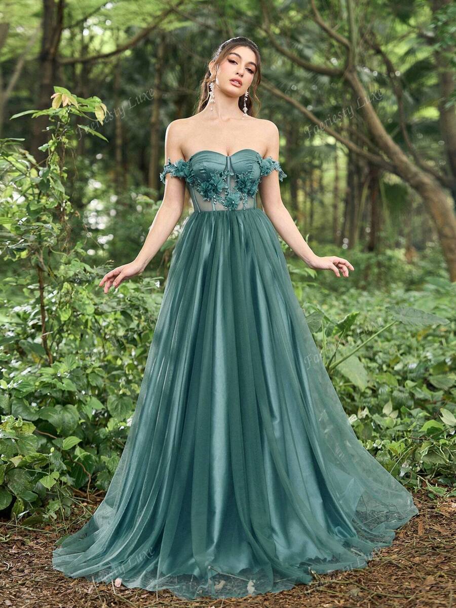 Faeriesty Vestido de noche de línea A con hombros descubiertos y aplicaciones florales intrincadas, vestidos formales elegantes para galas de alfombra roja, bodas de etiqueta negra
