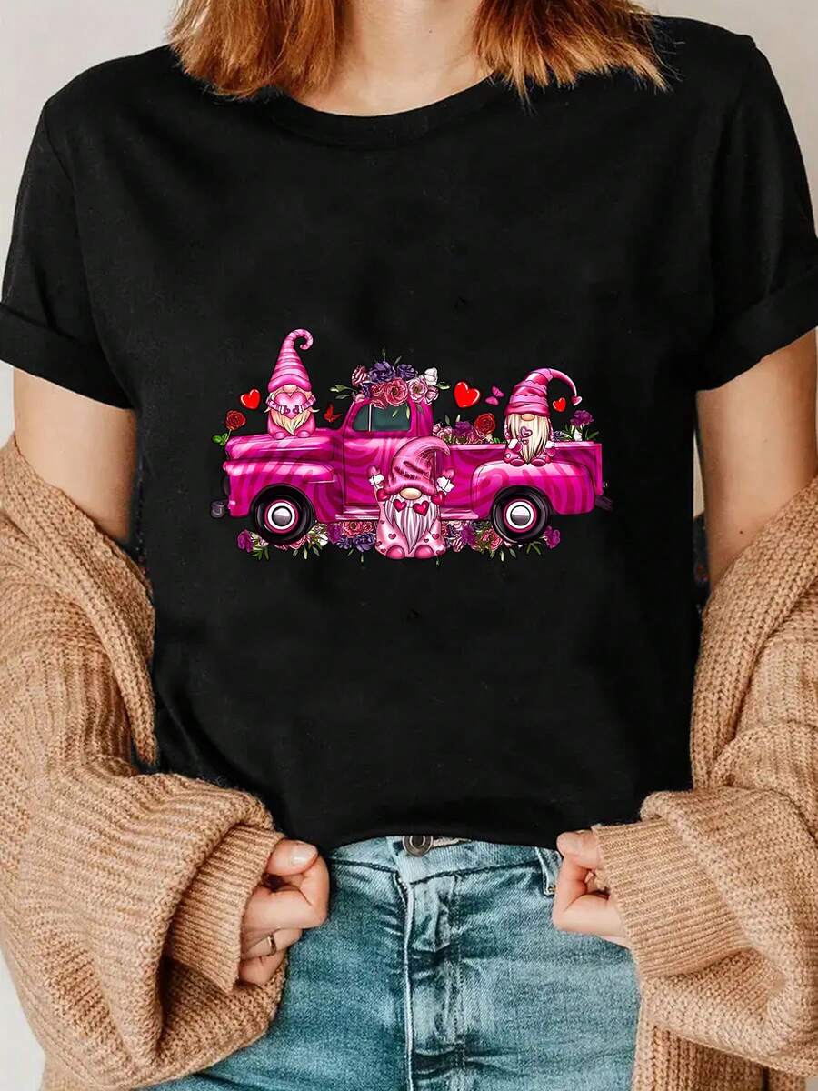 Valentine's Day T-Shirts - Cartoon Cute Classic Heart Crew Neck Short Sleeve, Wedding Car,Dwarf And Rose Pattern Print, Regular Length, Spring/Summer/Fall Fashion Top, Women's Tees For Daily Wear - Black - View 1