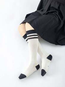 3 双女孩及膝袜，薄款条纹荷叶边长筒袜，适合上学、春秋季 - 彩色 - 查看 7