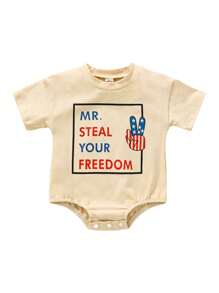 Baby 4th Of July Romper, Short Sleeve Round Neck Gesture Letter Print Newborn Bodysuit