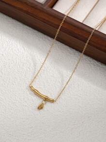 1pc 18K Plated Stainless Steel Minimalist Fashion Bamboo Knot Heart Necklace, Suitable For Women Party, Date, Office Wear