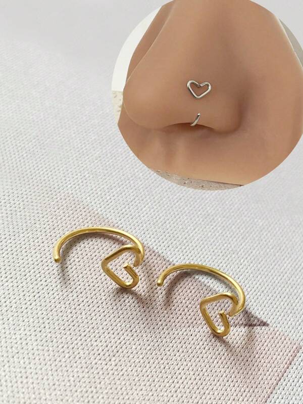 2PCS Stainless Steel Nose Stud Ring Heart Shape Earring Lip Ring Piercing For Women Man Unisex