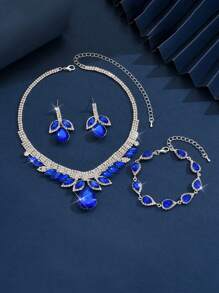 4pcs Set Crystal Water Drop Shaped Rhinestone Necklace, Bracelet & Earing Jewelry Set, European Style