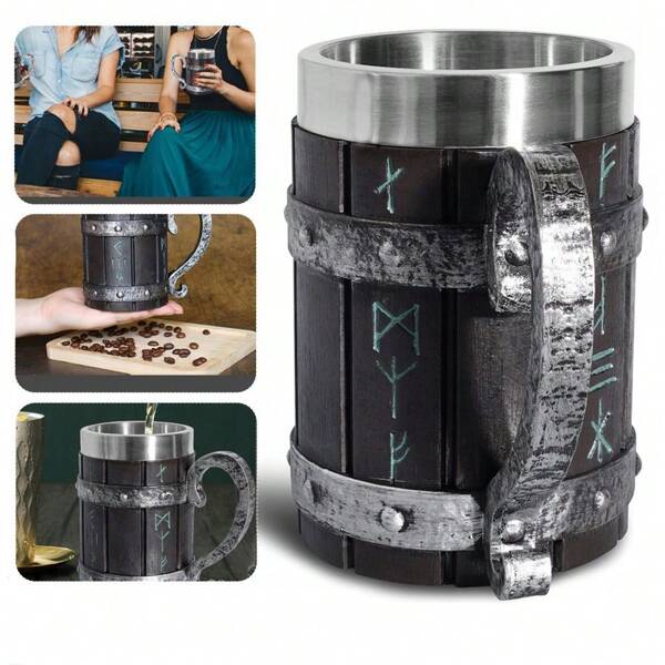 Bierkrug, 600 ml, Bierkrug aus Edelstahl, Vintage-Stil, Bierkrug aus Bambusimitat mit Henkel zum einfachen Tragen. Der Becher hat einen glatten Rand, ist sicher und langlebig und eignet sich perfekt für die meisten Getränkearten wie Wasser, Saft, Kaffee, Wein, Bier und andere Getränke.