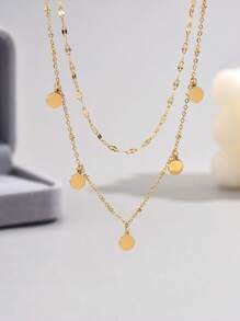 LIEBEIRIS 1 chiếc vòng cổ thép không gỉ mạ vàng 18K hai lớp tối giản hình tròn hình học, thích hợp làm trang phục hàng ngày và quà tặng cho phụ nữ - Vàng - Xem 3